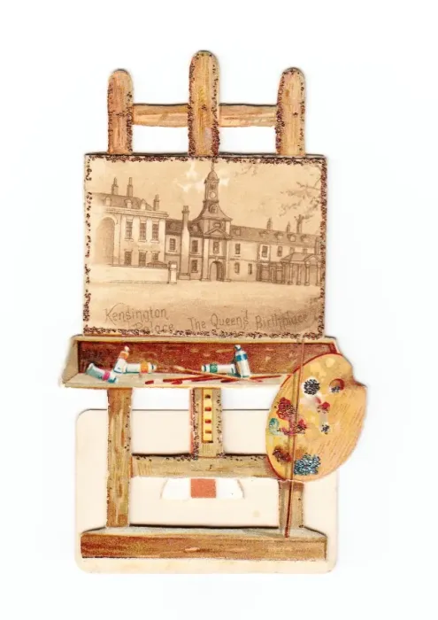 Framed Print : Easel, painting and artists palette on a greetings card Framed Print : Easel, painting and artists palette on a greetings card