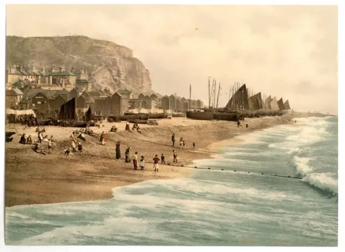 Framed Print : East Cliff, with beach and fish market, Hastings, England Framed Print : East Cliff, with beach and fish market, Hastings, England