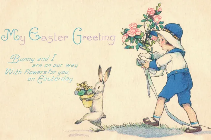 Framed Print : Easter bunny and child carrying flowers Framed Print : Easter bunny and child carrying flowers