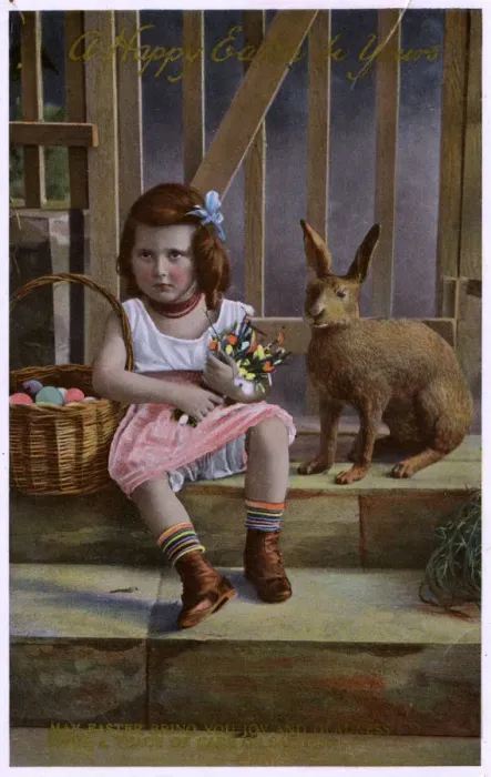 Framed Print : Easter Greetings Postcard - Basket of Eggs and Bunny Framed Print : Easter Greetings Postcard - Basket of Eggs and Bunny