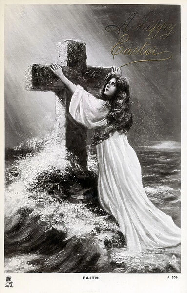 Easter Greetings postcard - Faith hanging on to her belief