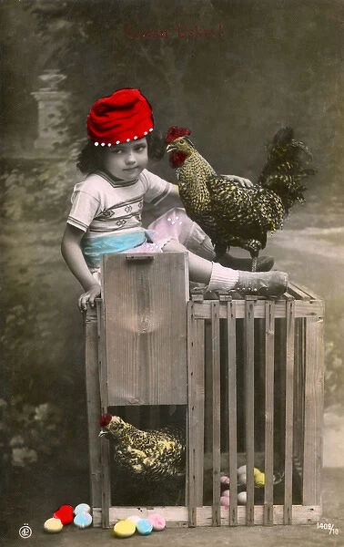 Easter Greetings Postcard featuring child and chickens