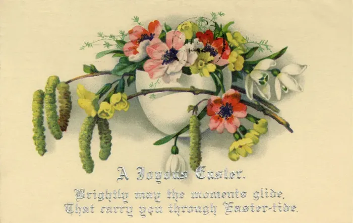Framed Print : Easter postcard with a vase of flowers