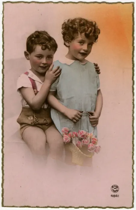 Framed Print : Two Eastern French Children - one holding a floral basket Framed Print : Two Eastern French Children - one holding a floral basket