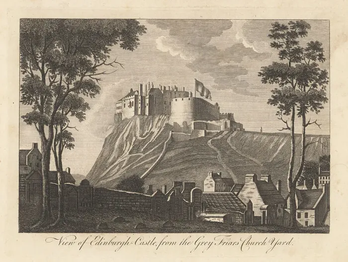 Framed Print : Edinburgh Castle on Castle Rock, view from Greyfriar's Kirk yard Framed Print : Edinburgh Castle on Castle Rock, view from Greyfriar's Kirk yard