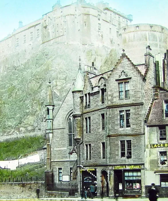 Framed Print : Edinburgh Castle from Grassmarket, hand coloured photo Framed Print : Edinburgh Castle from Grassmarket, hand coloured photo