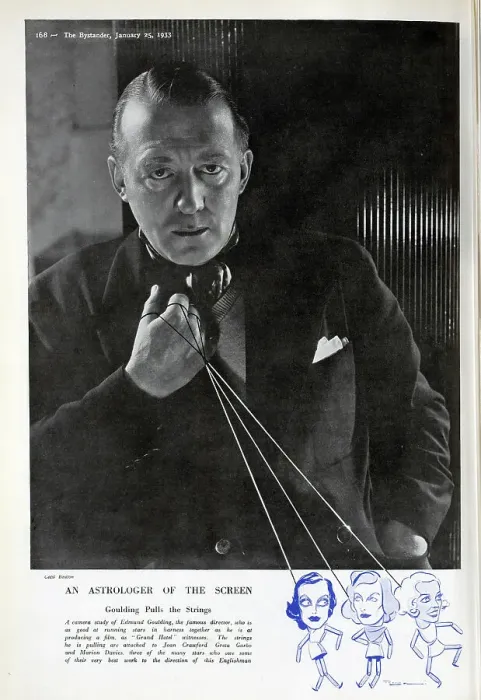 Framed Print : Edmund Goulding, director, studio portrait with puppet strings. Captioned, An Astrologer of The Screen: Goulding Pulls the Strings'. With description, A camera study of Edmund Goulding, the famous director Framed Print : Edmund Goulding, director, studio portrait with puppet strings. Captioned, An Astrologer of The Screen: Goulding Pulls the Strings'. With description, A camera study of Edmund Goulding, the famous director