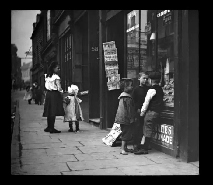 Framed Print : Edwardian children outside a shop Framed Print : Edwardian children outside a shop