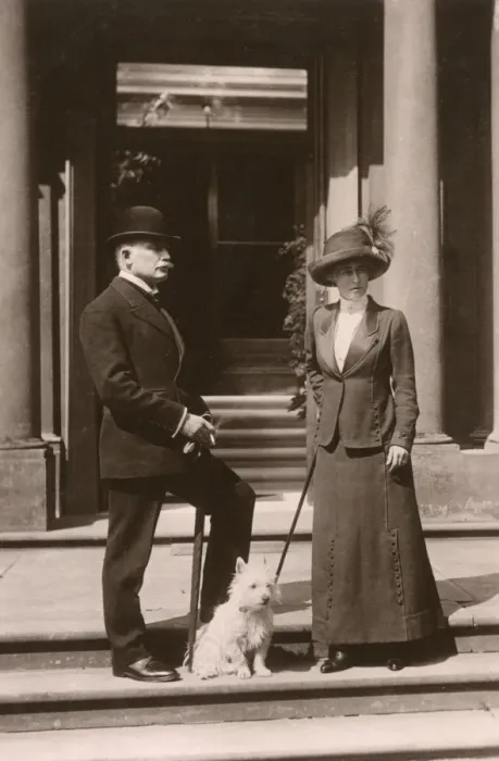 Framed Print : Edwardian couple with a white terrier dog on steps Framed Print : Edwardian couple with a white terrier dog on steps