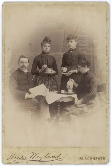Framed Print : Edwardian family at the coffee table Framed Print : Edwardian family at the coffee table