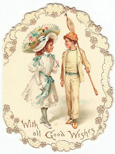 Edwardian girl and boy on a greetings card