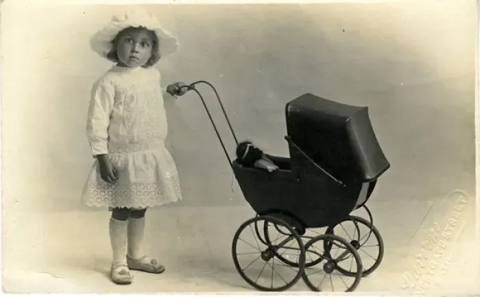 Framed Print : Edwardian Girl with Pram, Bath, England Framed Print : Edwardian Girl with Pram, Bath, England