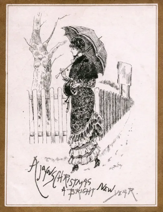 Framed Print : Edwardian lady on a sepia Christmas and New Year card Framed Print : Edwardian lady on a sepia Christmas and New Year card