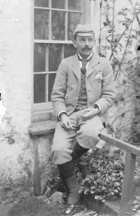 Framed Print : Edwardian man on a window ledge, Mid Wales Framed Print : Edwardian man on a window ledge, Mid Wales