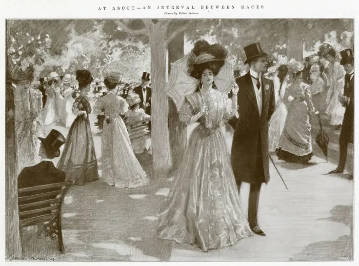 Framed Print : Edwardian men and women in their fine attire, socializing in the interval between horse races. Date: 1907 Framed Print : Edwardian men and women in their fine attire, socializing in the interval between horse races. Date: 1907