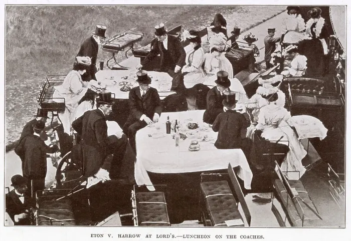 Framed Print : Edwardian men an women sitting on top of the coaches having luncheon, finely laid out with white tablecloths. Date: 1907 Framed Print : Edwardian men an women sitting on top of the coaches having luncheon, finely laid out with white tablecloths. Date: 1907