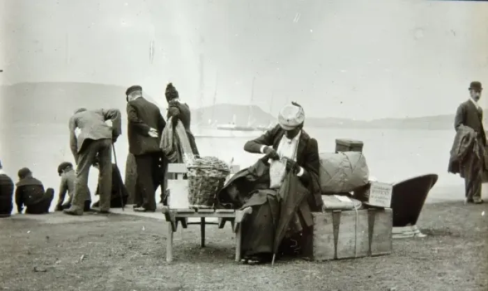Framed Print : Edwardian passengers waiting to board a boat Framed Print : Edwardian passengers waiting to board a boat