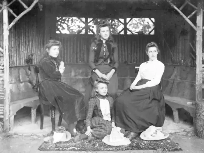 Framed Print : Four Edwardian sisters in a rustic gazebo, Mid Wales Framed Print : Four Edwardian sisters in a rustic gazebo, Mid Wales
