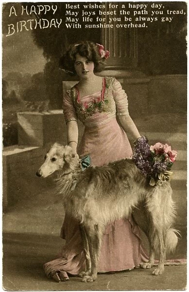 Edwardian woman with her borzois, on a birthday postcard