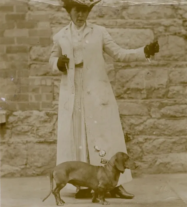 Framed Print : Edwardian woman with a dachshund on a lead Framed Print : Edwardian woman with a dachshund on a lead