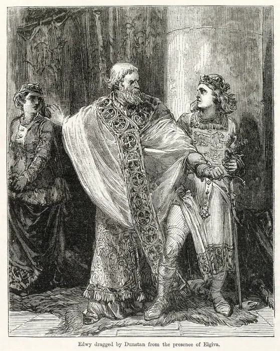 Framed Print : Edwy or Eadwig (?-959), King of England, and his wife Elgiva (Aelfgifu). Their marriage was annulled against their will by Archbishop Dunstan's supporters, for political reasons, citing the fact that they were third cousins. Date: 955 Framed Print : Edwy or Eadwig (?-959), King of England, and his wife Elgiva (Aelfgifu). Their marriage was annulled against their will by Archbishop Dunstan's supporters, for political reasons, citing the fact that they were third cousins. Date: 955