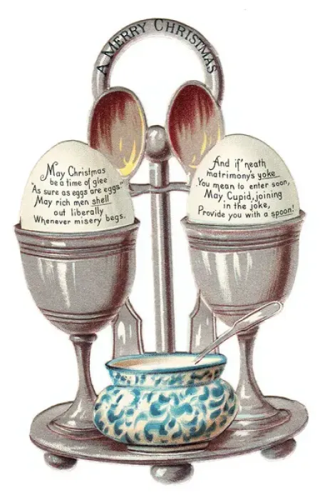 Framed Print : Eggcup stand with two eggs on a cutout Christmas card Framed Print : Eggcup stand with two eggs on a cutout Christmas card