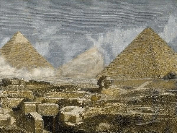 Egypt. Great Sphinx and Pyramids of Giza. View. Engraving. 1
