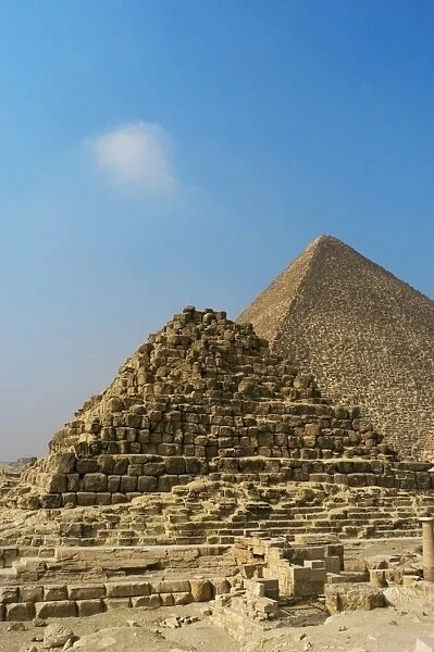Egypt. Henutsens pyramid at Giza with the Pyramid of Khufu