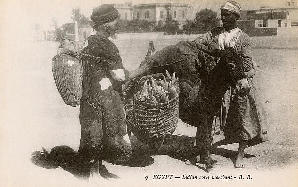 Egypt - Indian Corn Merchant with laden donkey