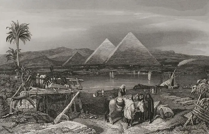 Framed Print : Egypt. Pyramids from the banks of the Nile. Site Framed Print : Egypt. Pyramids from the banks of the Nile. Site