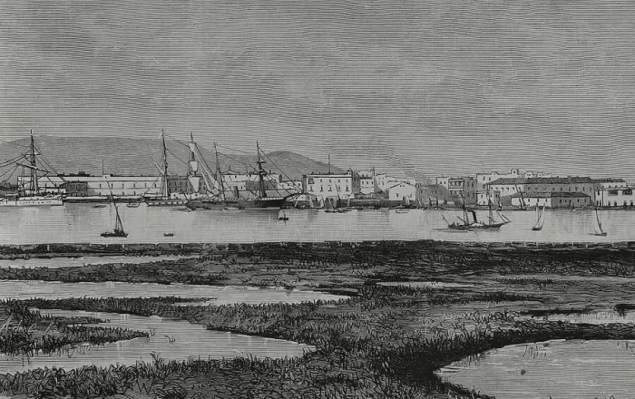 Framed Print : Egypt, Suez. General view of the city. Engraving, 1882 Framed Print : Egypt, Suez. General view of the city. Engraving, 1882