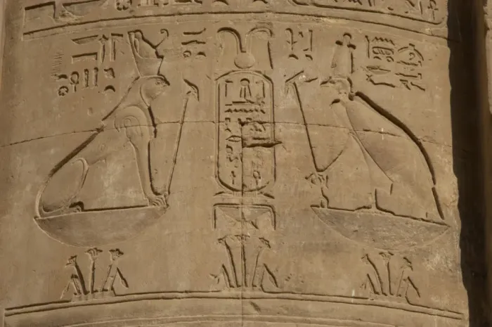 Framed Print : Egypt. Temple of Horus. Relief depicting a sphinx with falco Framed Print : Egypt. Temple of Horus. Relief depicting a sphinx with falco