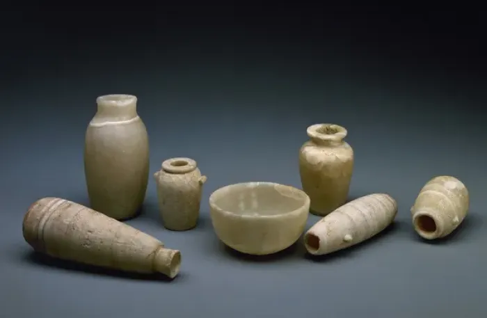 Framed Print : Egyptian Art. Cups and vases in alabaster