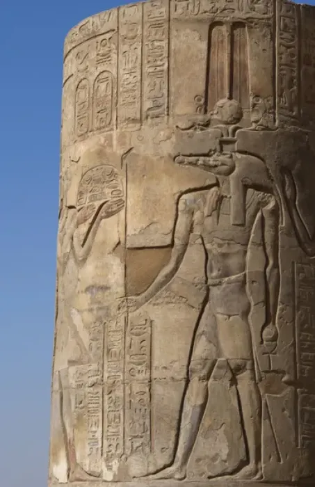 Framed Print : Egyptian Art. Temple of Kom Ombo. The god Sobek wearing shut Framed Print : Egyptian Art. Temple of Kom Ombo. The god Sobek wearing shut
