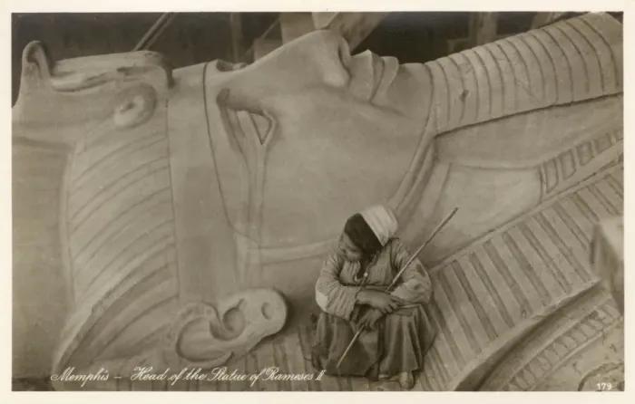 Framed Print : Egyptian boy sitting on the head of Rameses II Framed Print : Egyptian boy sitting on the head of Rameses II