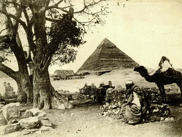 Framed Print : Egyptian and camel with a pyramid behind Framed Print : Egyptian and camel with a pyramid behind