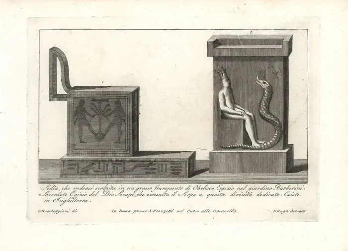 Framed Print : Egyptian chair and priest of the god Serapis with serpent Framed Print : Egyptian chair and priest of the god Serapis with serpent