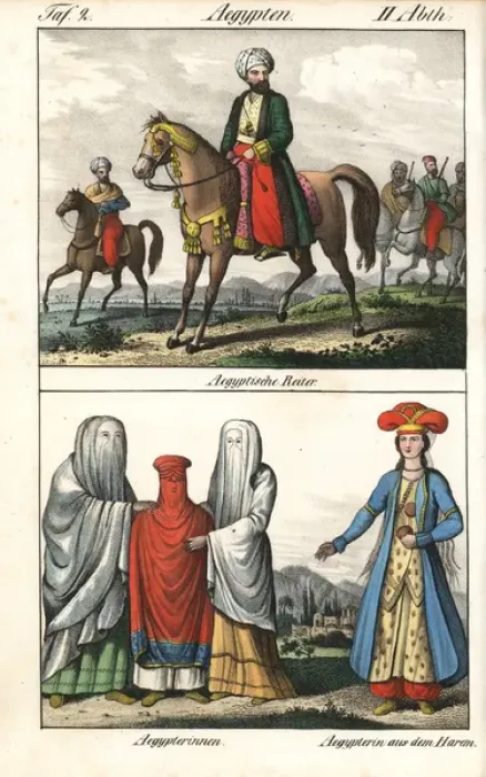 Framed Print : Egyptian riders wearing turbans, women and girl in burqa Framed Print : Egyptian riders wearing turbans, women and girl in burqa
