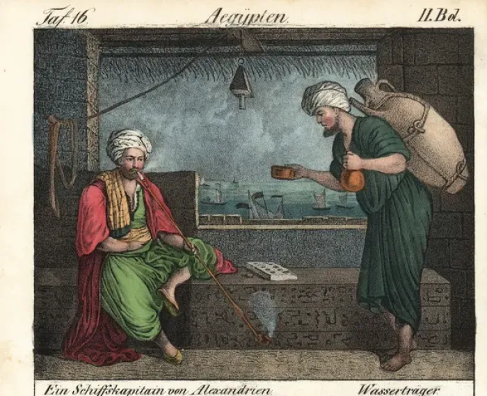 Framed Print : Egyptian sea captain in turban and robes smoking a pipe Framed Print : Egyptian sea captain in turban and robes smoking a pipe