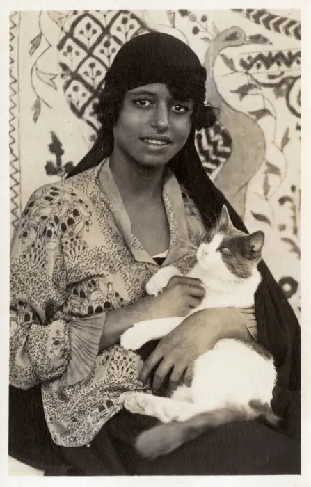 Framed Print : Egyptian woman with large cat Framed Print : Egyptian woman with large cat