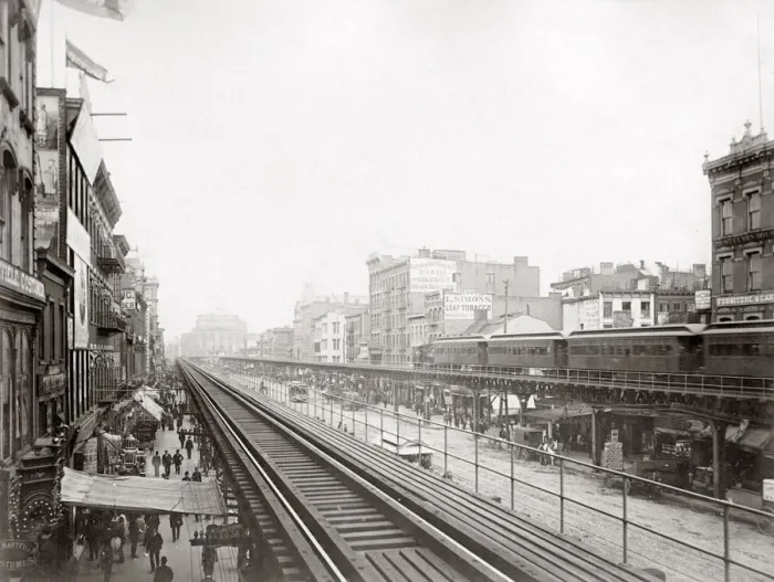 Framed Print : El Train railroad New York, c. 1900 View in the Bowery, north of Houston Street Framed Print : El Train railroad New York, c. 1900 View in the Bowery, north of Houston Street