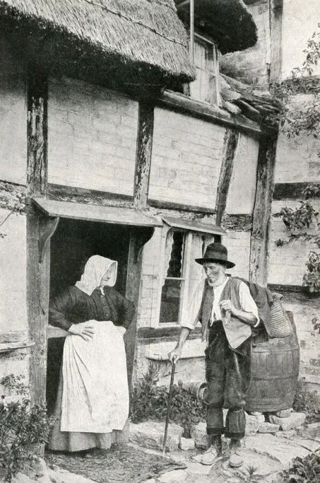 Framed Print : Elderly couple outside cottage, Little Comberton, Worcs Framed Print : Elderly couple outside cottage, Little Comberton, Worcs