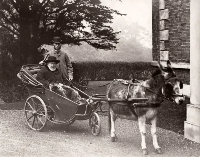 Framed Print : Elderly man in a three wheeled donkey cart and servant Framed Print : Elderly man in a three wheeled donkey cart and servant