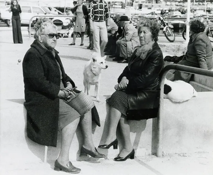 Framed Print : Two Elderly Women and dogs - seafront - South of France Date: circa 1970s Framed Print : Two Elderly Women and dogs - seafront - South of France Date: circa 1970s