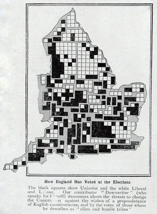 Framed Print : Election map, How England has voted at the Elections'. With description, How England Has Voted at the Elections; The black squares show Unionist and the white Liberal and Labour Framed Print : Election map, How England has voted at the Elections'. With description, How England Has Voted at the Elections; The black squares show Unionist and the white Liberal and Labour