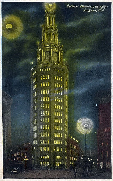 Electric Building at Night - Buffalo, NY, USA. Date: circa 1910s