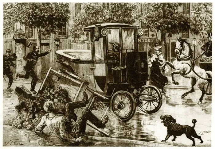 Framed Print : Electric cab causing consternation in a Paris street 1899 Framed Print : Electric cab causing consternation in a Paris street 1899