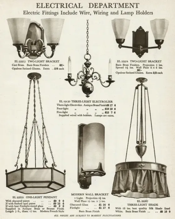 Framed Print : Electric ceiling pendant & bracket lights 1929 Framed Print : Electric ceiling pendant & bracket lights 1929