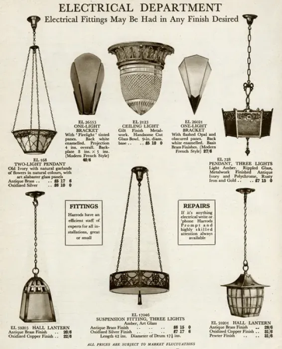 Framed Print : Electric ceiling & wall lights using glass and metal 1929