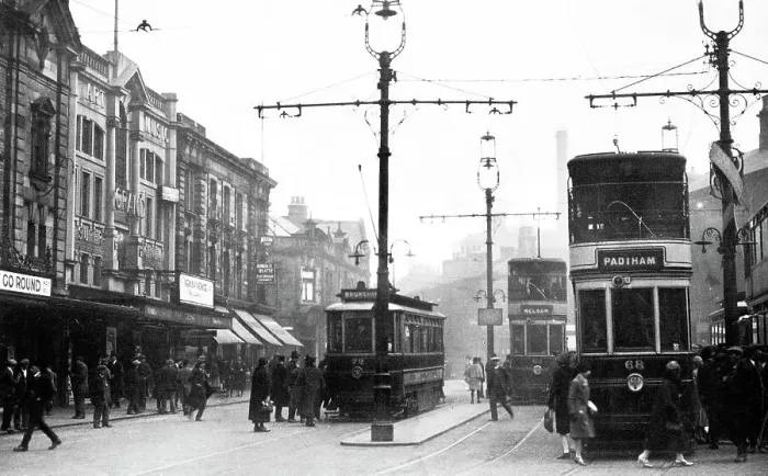 Framed Print : Electric tram in Burnley, possibly 1920s Framed Print : Electric tram in Burnley, possibly 1920s